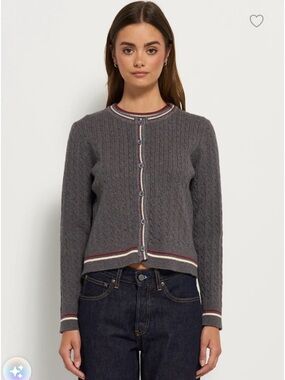 Women’s Cable-Knit Gray Button Cardigan with Contrast Trim